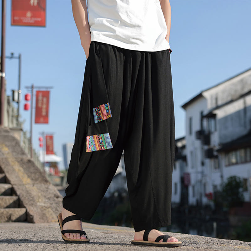 Pantalones anchos de algodón con cordón y bolsillos para hombre, con diseño de patchwork sencillo y Buddha Stones