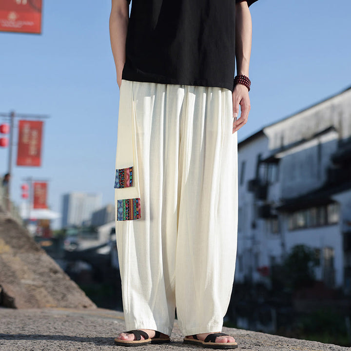 Pantalones anchos de algodón con cordón y bolsillos para hombre, con diseño de patchwork sencillo y Buddha Stones