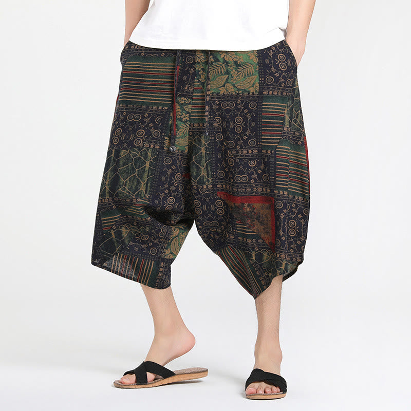 Pantalones harén de algodón para hombre, con cordón, estampado étnico de Buddha Stones, de 7 a 8 pulgadas de largo y bolsillos