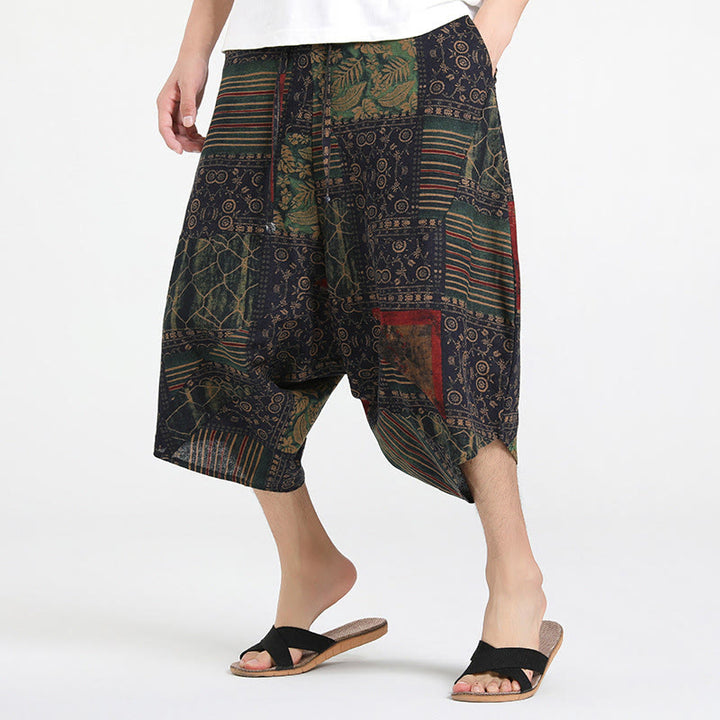 Pantalones harén de algodón para hombre, con cordón, estampado étnico de Buddha Stones, de 7 a 8 pulgadas de largo y bolsillos