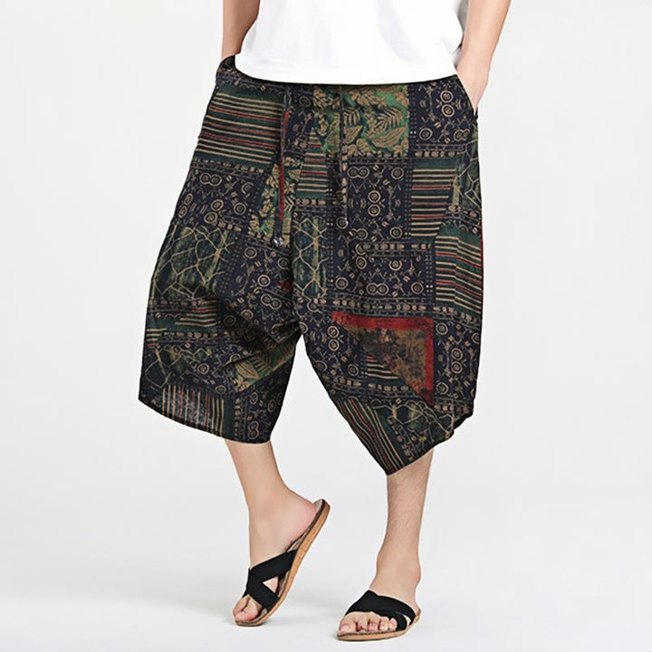 Pantalones harén de algodón para hombre, con cordón, estampado étnico de Buddha Stones, de 7 a 8 pulgadas de largo y bolsillos