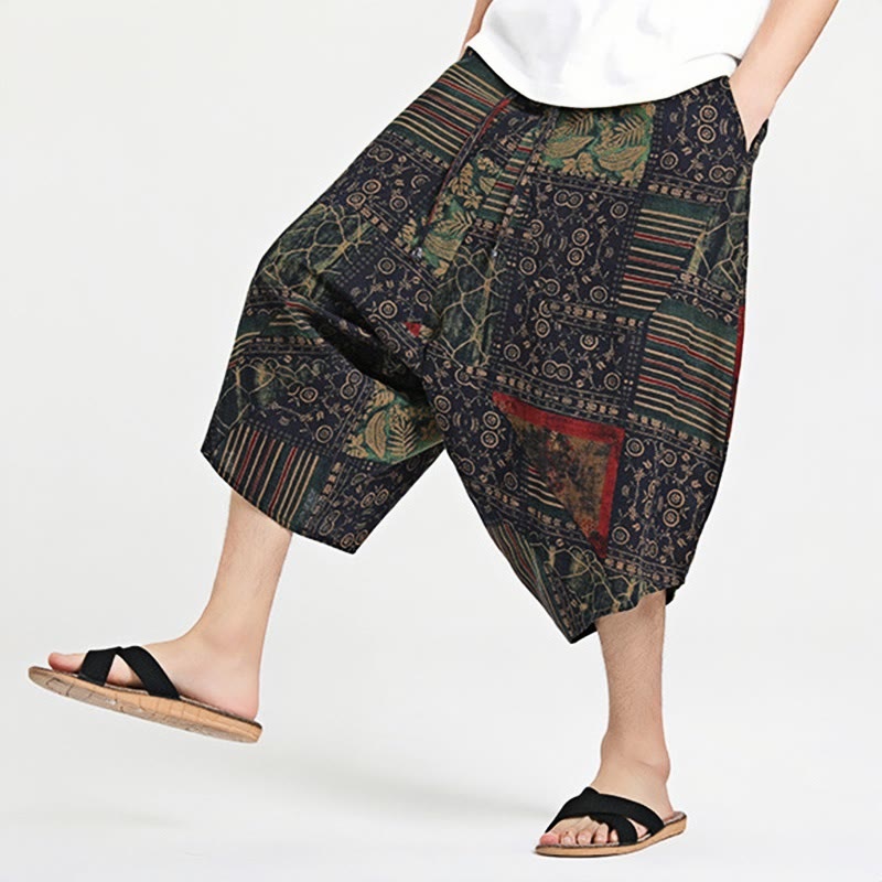 Pantalones harén de algodón para hombre, con cordón, estampado étnico de Buddha Stones, de 7 a 8 pulgadas de largo y bolsillos