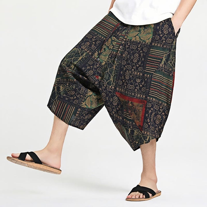 Pantalones harén de algodón para hombre, con cordón, estampado étnico de Buddha Stones, de 7 a 8 pulgadas de largo y bolsillos