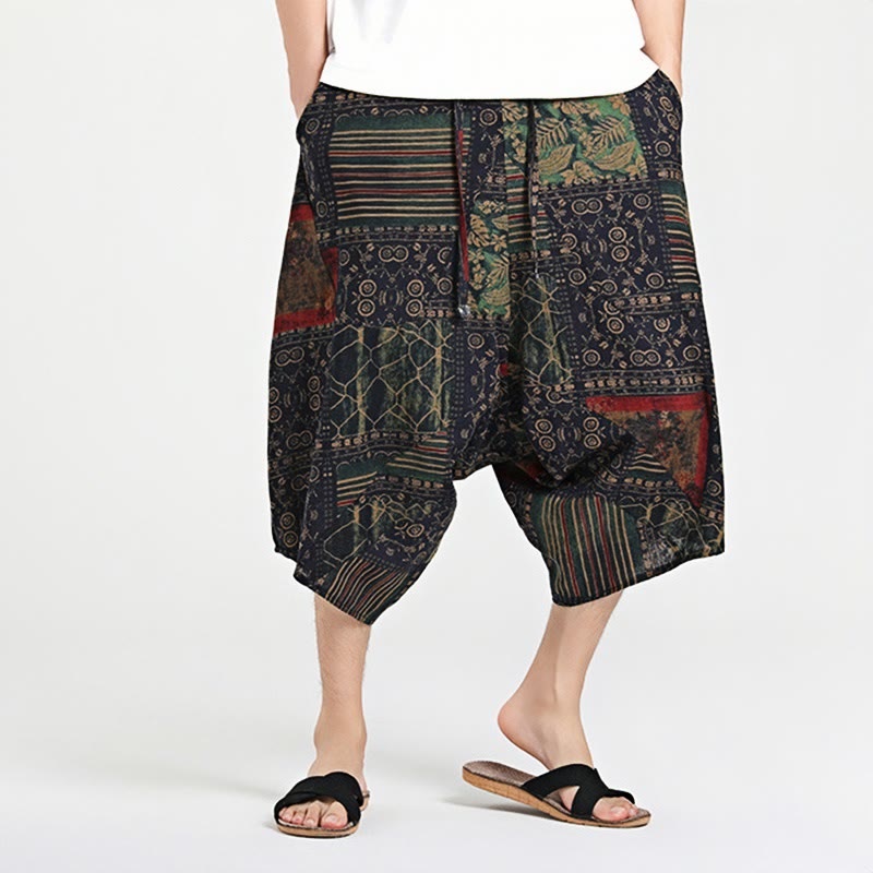 Pantalones harén de algodón para hombre, con cordón, estampado étnico de Buddha Stones, de 7 a 8 pulgadas de largo y bolsillos