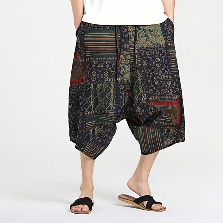 Pantalones harén de algodón para hombre, con cordón, estampado étnico de Buddha Stones, de 7 a 8 pulgadas de largo y bolsillos