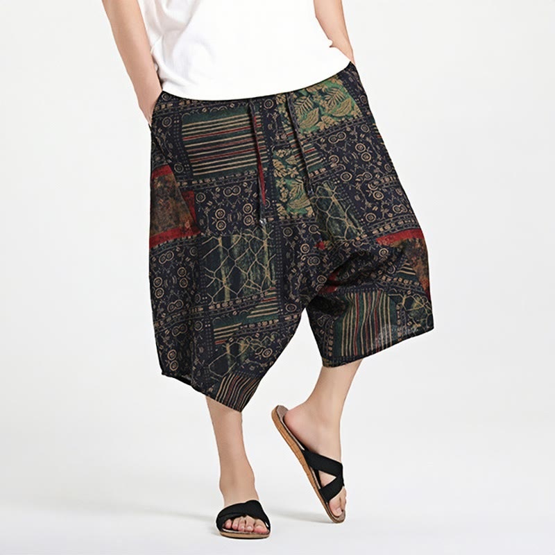 Pantalones harén de algodón para hombre, con cordón, estampado étnico de Buddha Stones, de 7 a 8 pulgadas de largo y bolsillos