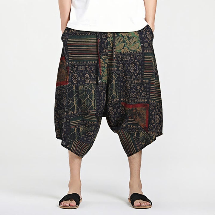 Pantalones harén de algodón para hombre, con cordón, estampado étnico de Buddha Stones, de 7 a 8 pulgadas de largo y bolsillos