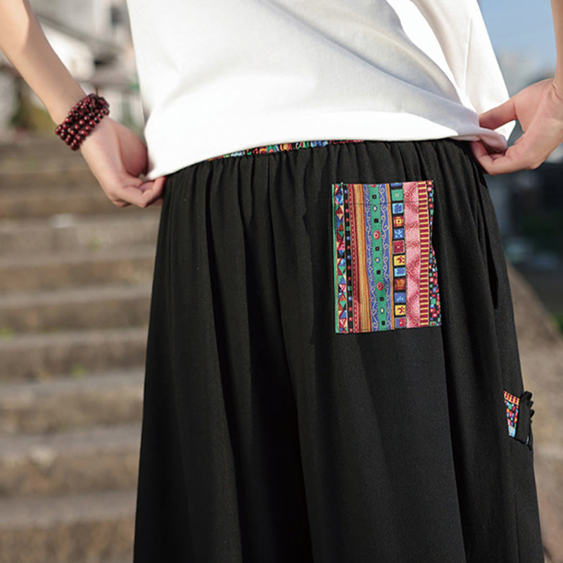 Pantalones anchos de algodón con cordón y bolsillos para hombre, con diseño de patchwork bohemio y Buddha Stones