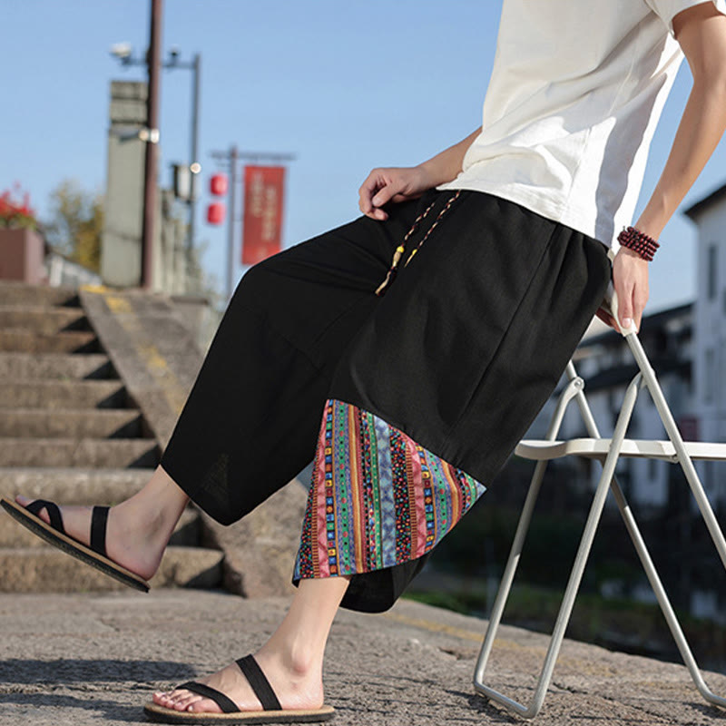 Pantalones anchos de algodón con cordón y bolsillos para hombre, con diseño de patchwork bohemio y Buddha Stones
