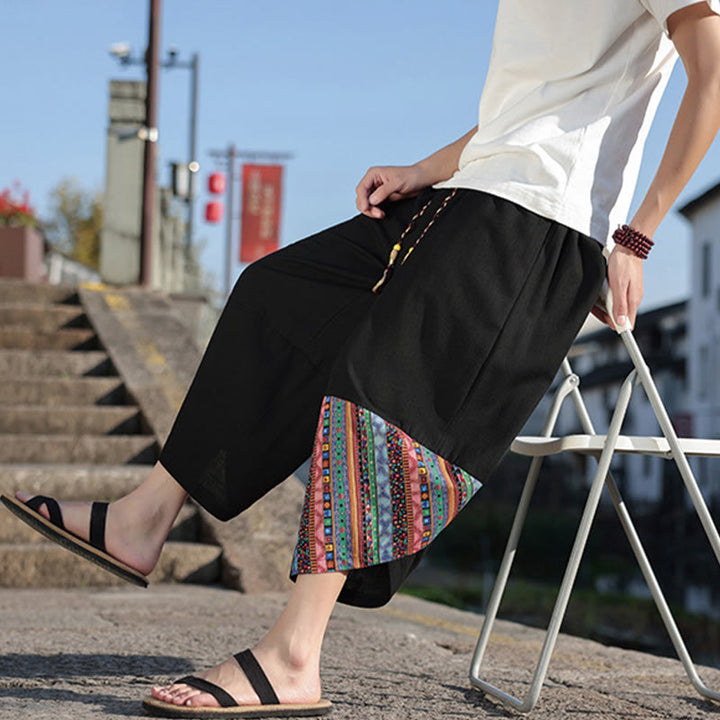 Pantalones anchos de algodón con cordón y bolsillos para hombre, con diseño de patchwork bohemio y Buddha Stones