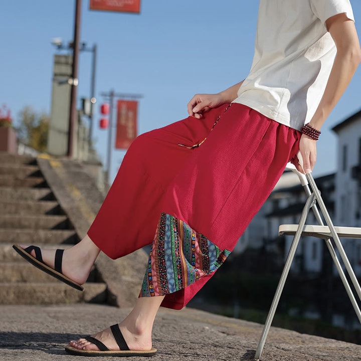Pantalones anchos de algodón con cordón y bolsillos para hombre, con diseño de patchwork bohemio y Buddha Stones