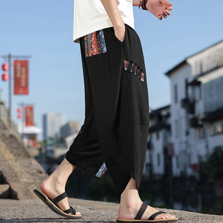 Pantalones anchos de algodón con cordón y bolsillos para hombre, con diseño de patchwork bohemio y Buddha Stones