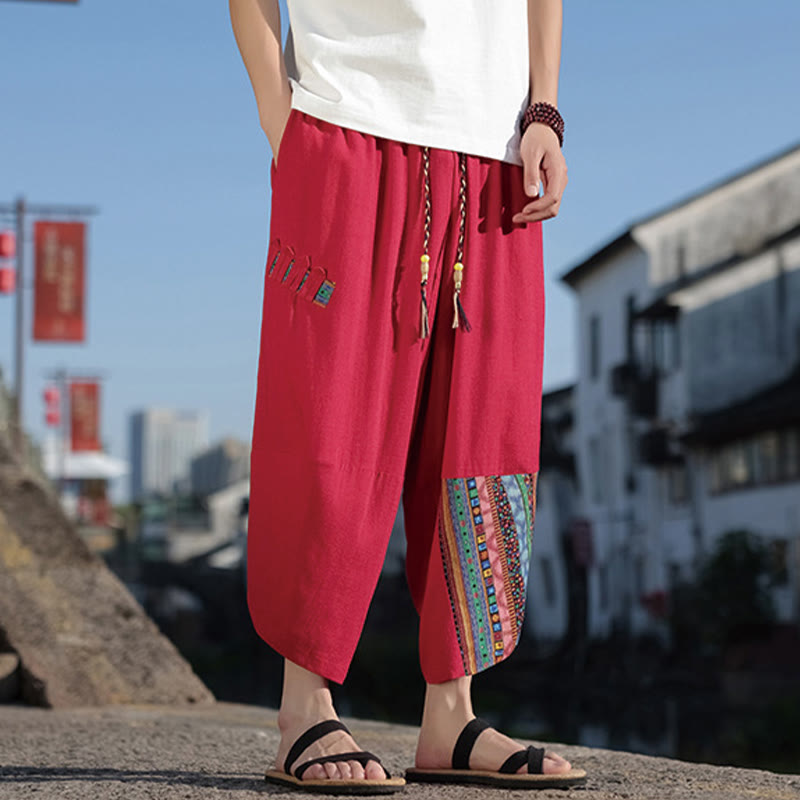 Pantalones anchos de algodón con cordón y bolsillos para hombre, con diseño de patchwork bohemio y Buddha Stones