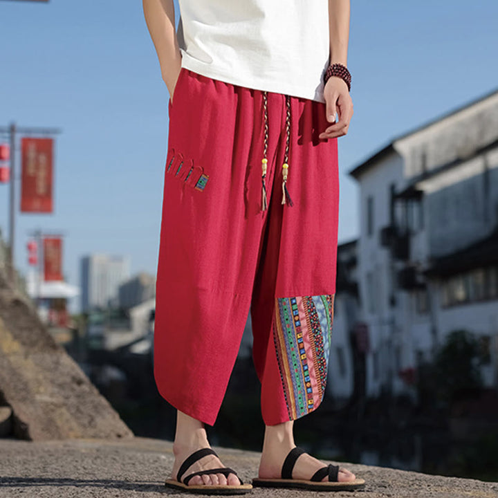 Pantalones anchos de algodón con cordón y bolsillos para hombre, con diseño de patchwork bohemio y Buddha Stones
