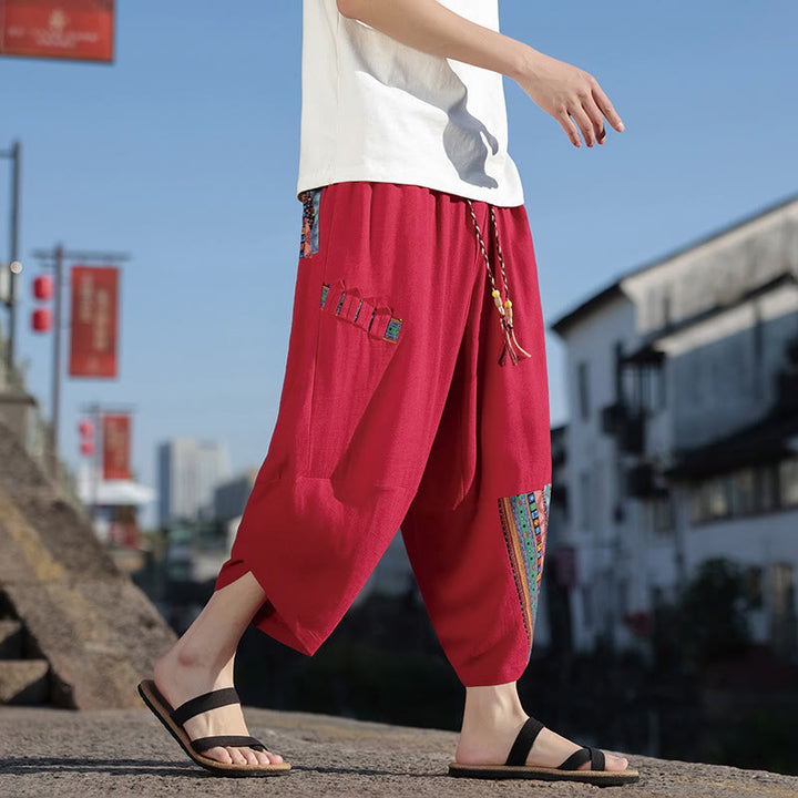 Pantalones anchos de algodón con cordón y bolsillos para hombre, con diseño de patchwork bohemio y Buddha Stones