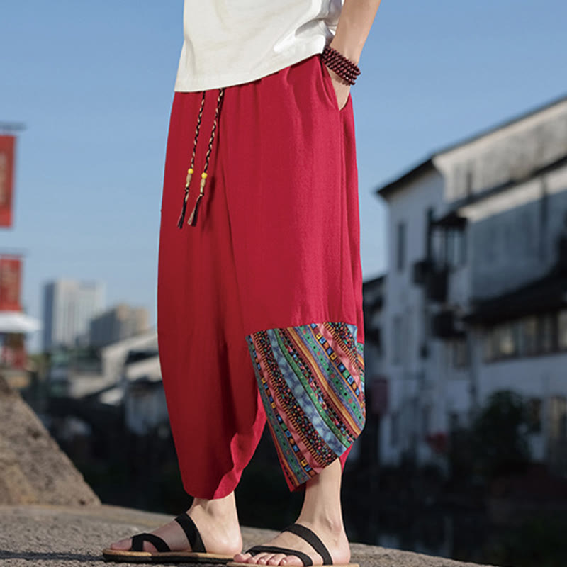 Pantalones anchos de algodón con cordón y bolsillos para hombre, con diseño de patchwork bohemio y Buddha Stones
