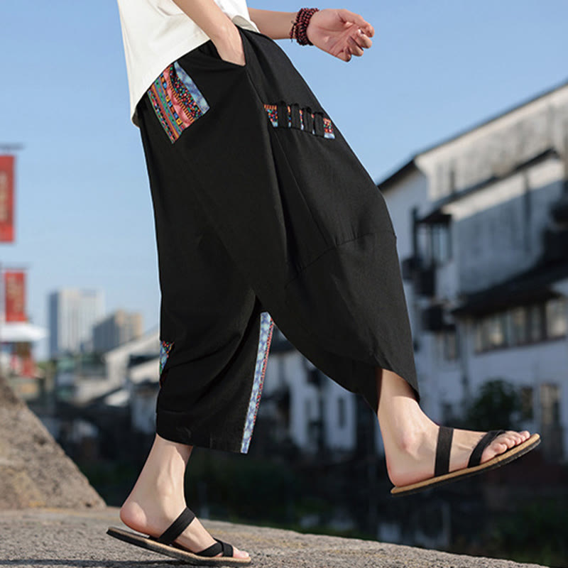 Pantalones anchos de algodón con cordón y bolsillos para hombre, con diseño de patchwork bohemio y Buddha Stones - image 1
