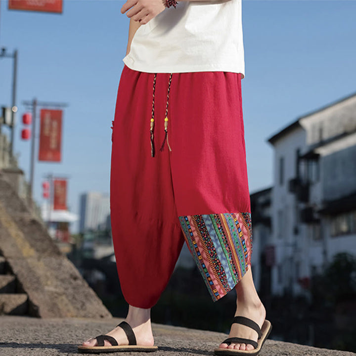 Pantalones anchos de algodón con cordón y bolsillos para hombre, con diseño de patchwork bohemio y Buddha Stones