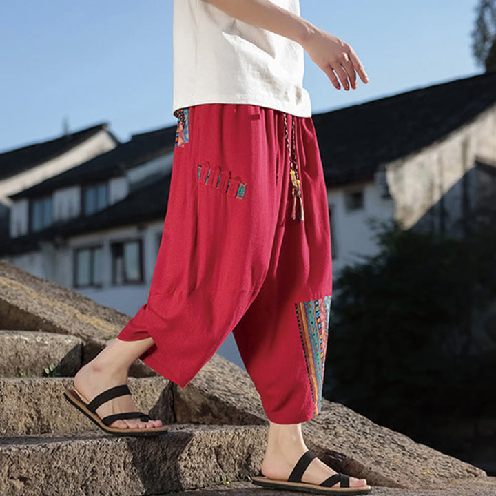 Pantalones anchos de algodón con cordón y bolsillos para hombre, con diseño de patchwork bohemio y Buddha Stones