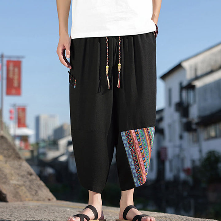 Pantalones anchos de algodón con cordón y bolsillos para hombre, con diseño de patchwork bohemio y Buddha Stones