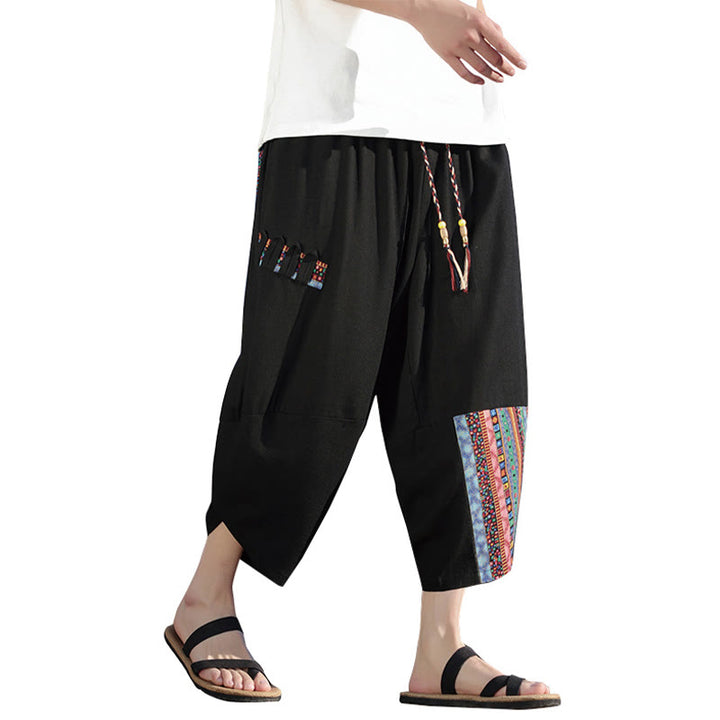 Pantalones anchos de algodón con cordón y bolsillos para hombre, con diseño de patchwork bohemio y Buddha Stones