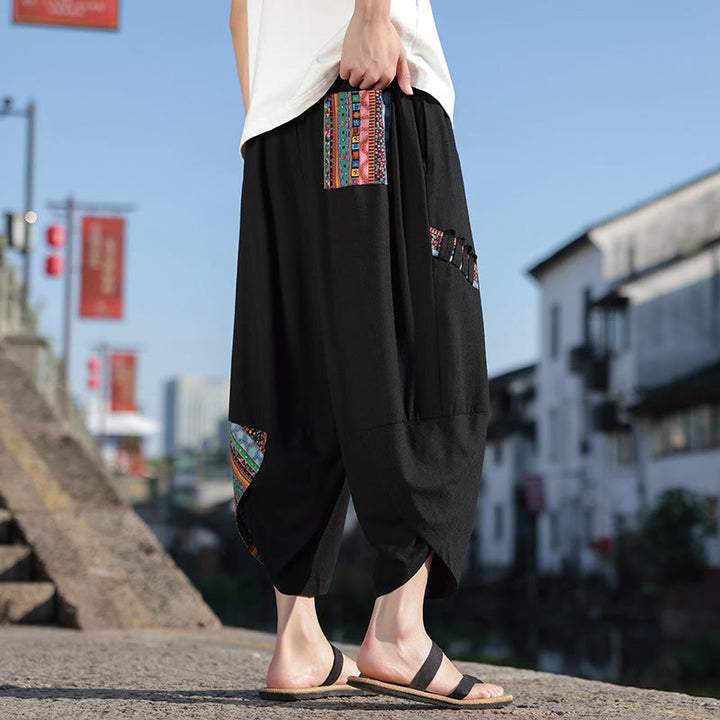 Pantalones anchos de algodón con cordón y bolsillos para hombre, con diseño de patchwork bohemio y Buddha Stones
