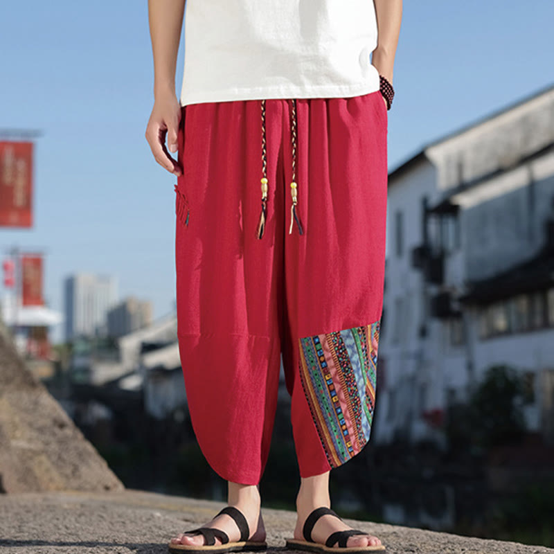 Pantalones anchos de algodón con cordón y bolsillos para hombre, con diseño de patchwork bohemio y Buddha Stones