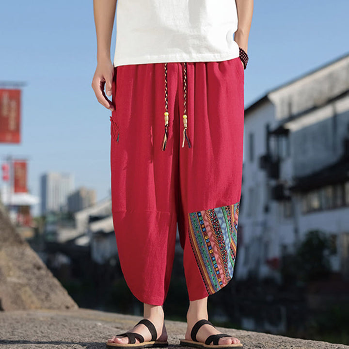 Pantalones anchos de algodón con cordón y bolsillos para hombre, con diseño de patchwork bohemio y Buddha Stones