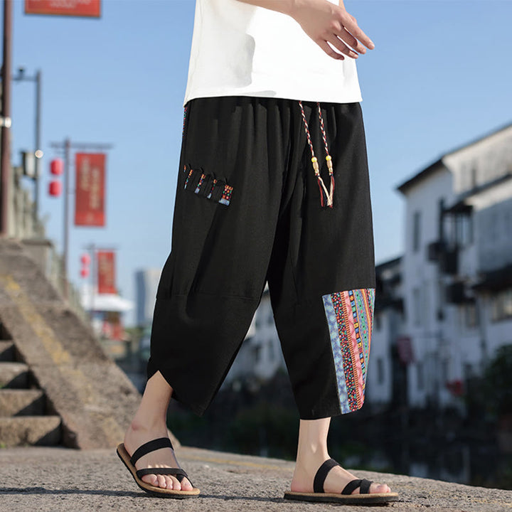 Pantalones anchos de algodón con cordón y bolsillos para hombre, con diseño de patchwork bohemio y Buddha Stones