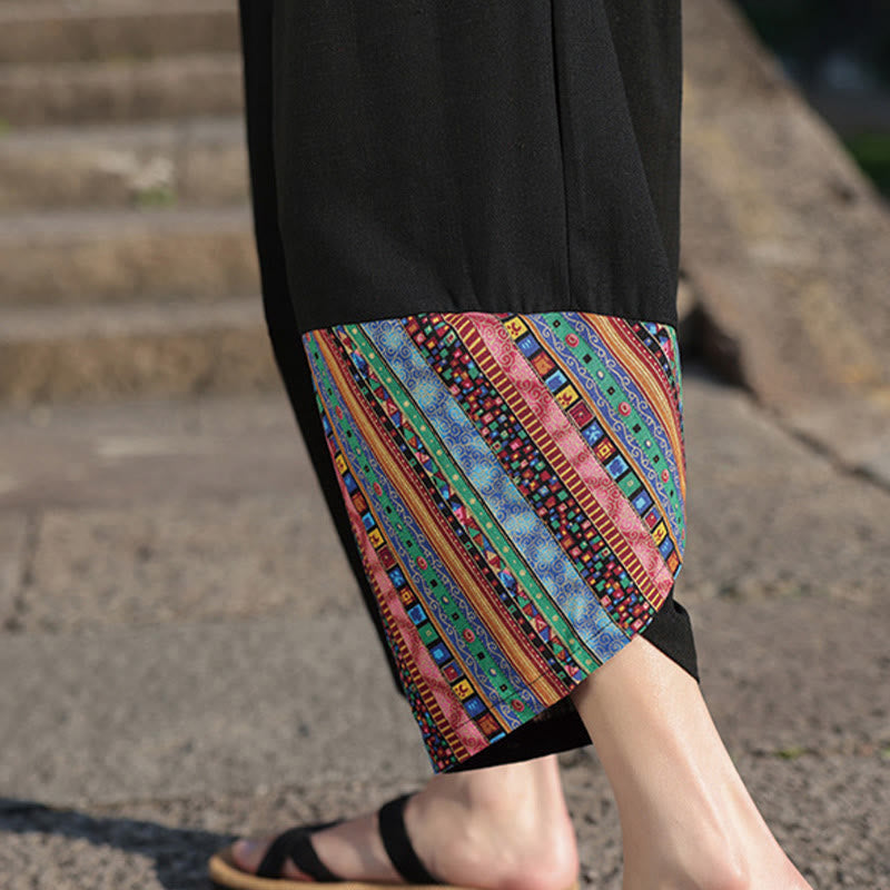Pantalones anchos de algodón con cordón y bolsillos para hombre, con diseño de patchwork bohemio y Buddha Stones