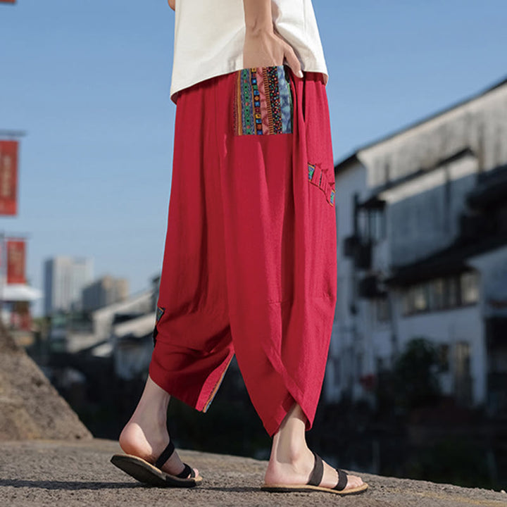 Pantalones anchos de algodón con cordón y bolsillos para hombre, con diseño de patchwork bohemio y Buddha Stones