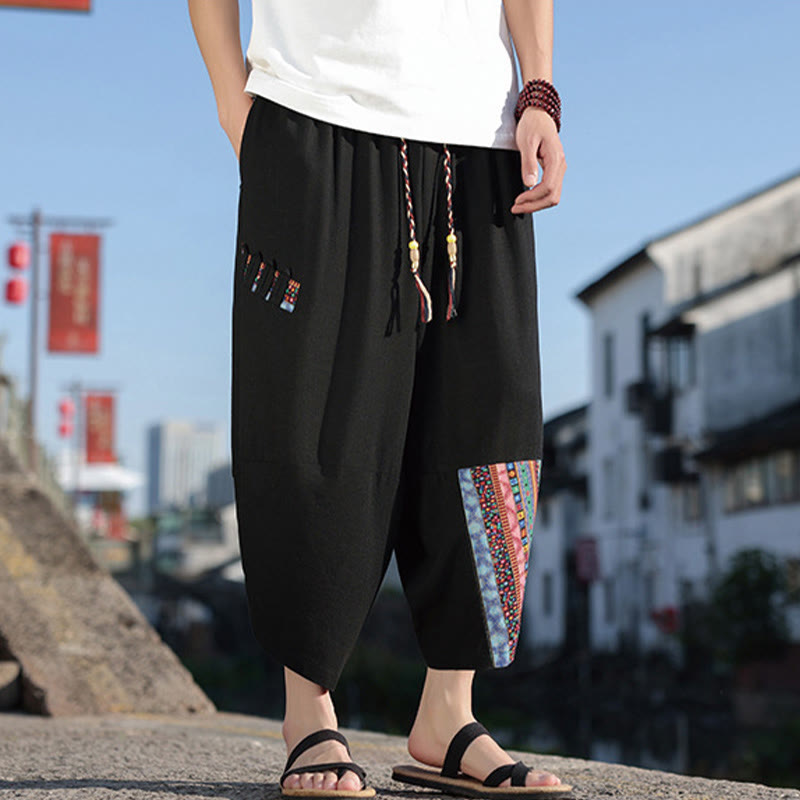 Pantalones anchos de algodón con cordón y bolsillos para hombre, con diseño de patchwork bohemio y Buddha Stones