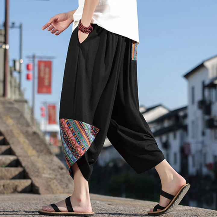 Pantalones anchos de algodón con cordón y bolsillos para hombre, con diseño de patchwork bohemio y Buddha Stones