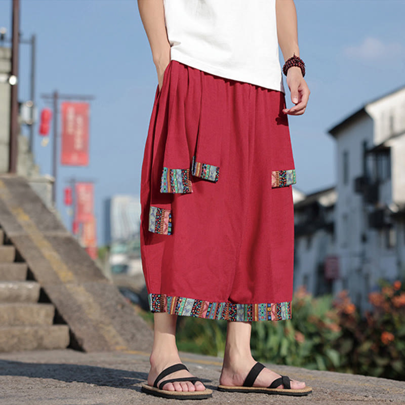 Pantalones de algodón de pierna ancha para hombre, Buddha Stones, de verano, con bolsillos, de longitud 7-8