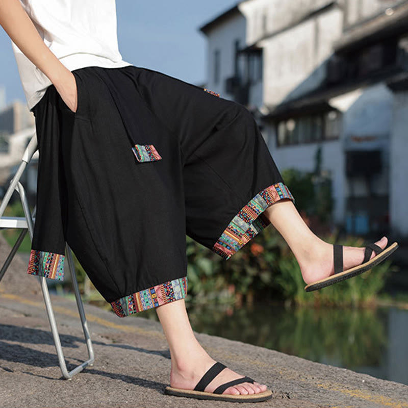 Pantalones de algodón de pierna ancha para hombre, Buddha Stones, de verano, con bolsillos, de longitud 7-8