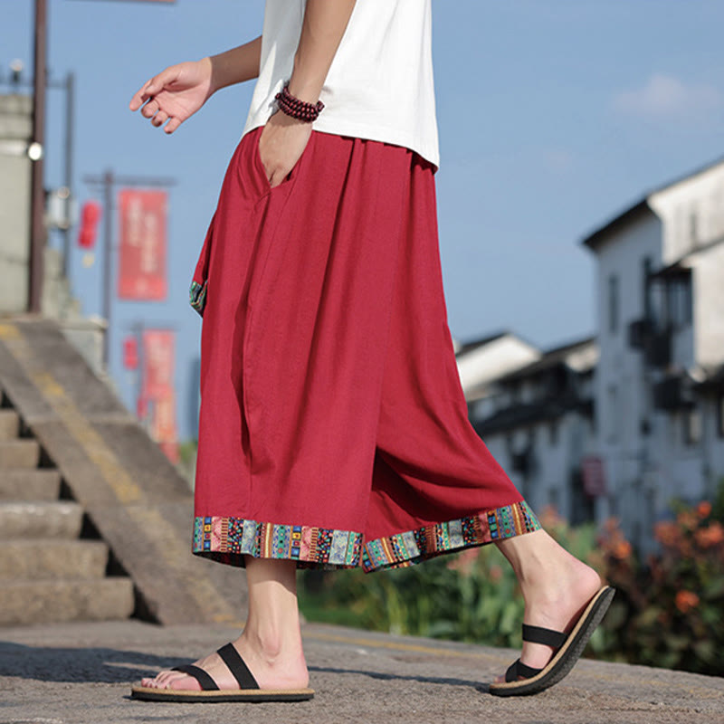 Pantalones de algodón de pierna ancha para hombre, Buddha Stones, de verano, con bolsillos, de longitud 7-8