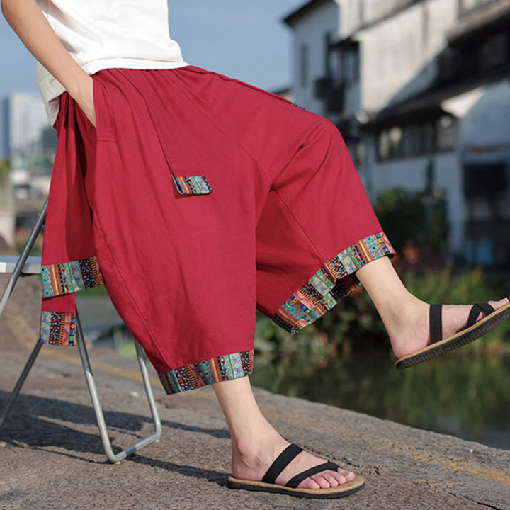 Pantalones de algodón de pierna ancha para hombre, Buddha Stones, de verano, con bolsillos, de longitud 7-8