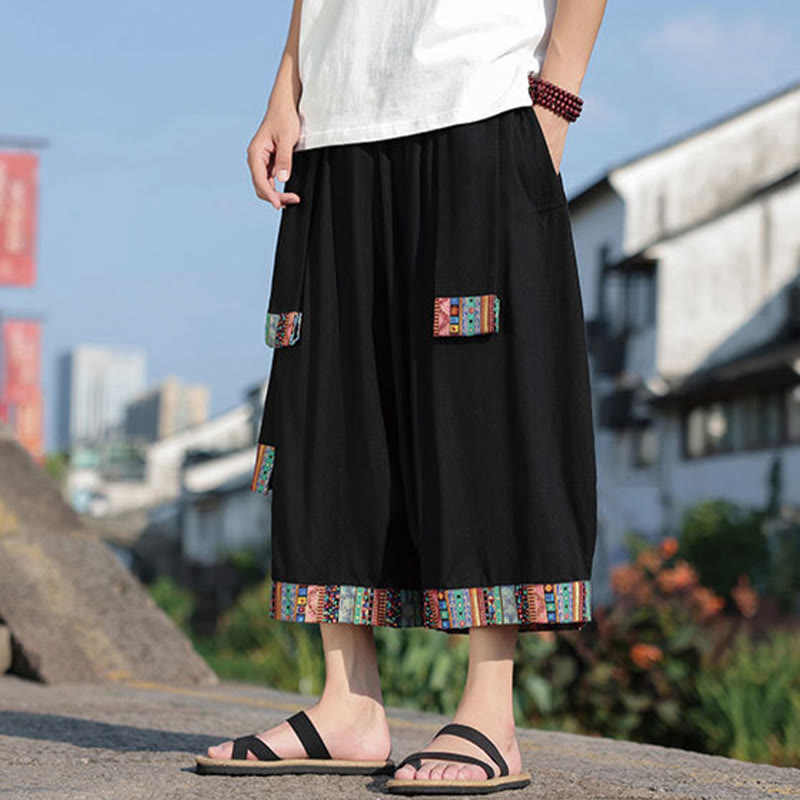 Pantalones de algodón de pierna ancha para hombre, Buddha Stones, de verano, con bolsillos, de longitud 7-8