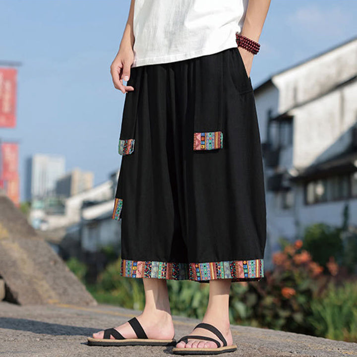 Pantalones de algodón de pierna ancha para hombre, Buddha Stones, de verano, con bolsillos, de longitud 7-8