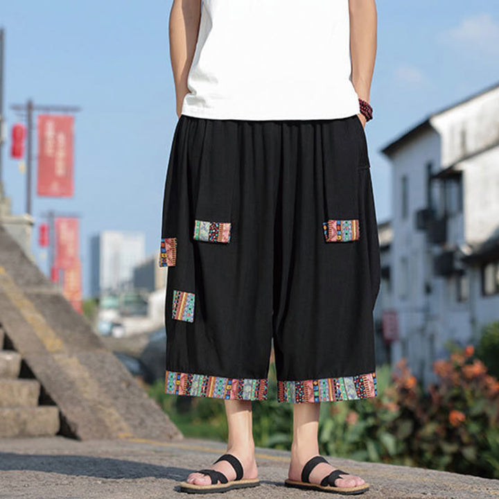 Pantalones de algodón de pierna ancha para hombre, Buddha Stones, de verano, con bolsillos, de longitud 7-8