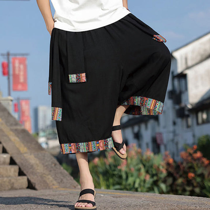 Pantalones de algodón de pierna ancha para hombre, Buddha Stones, de verano, con bolsillos, de longitud 7-8