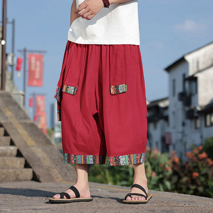Pantalones de algodón de pierna ancha para hombre, Buddha Stones, de verano, con bolsillos, de longitud 7-8