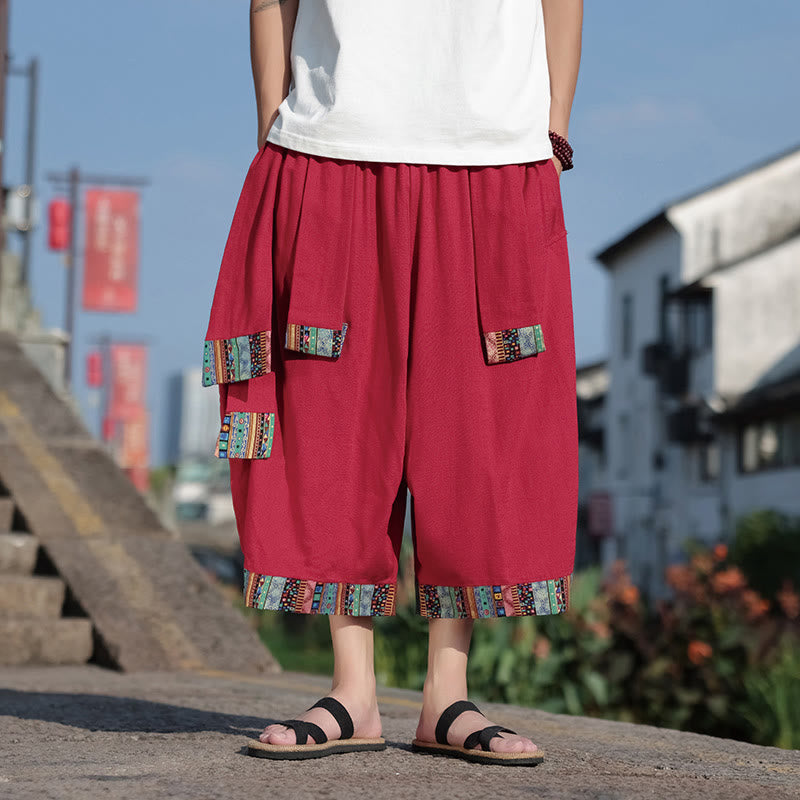 Pantalones de algodón de pierna ancha para hombre, Buddha Stones, de verano, con bolsillos, de longitud 7-8
