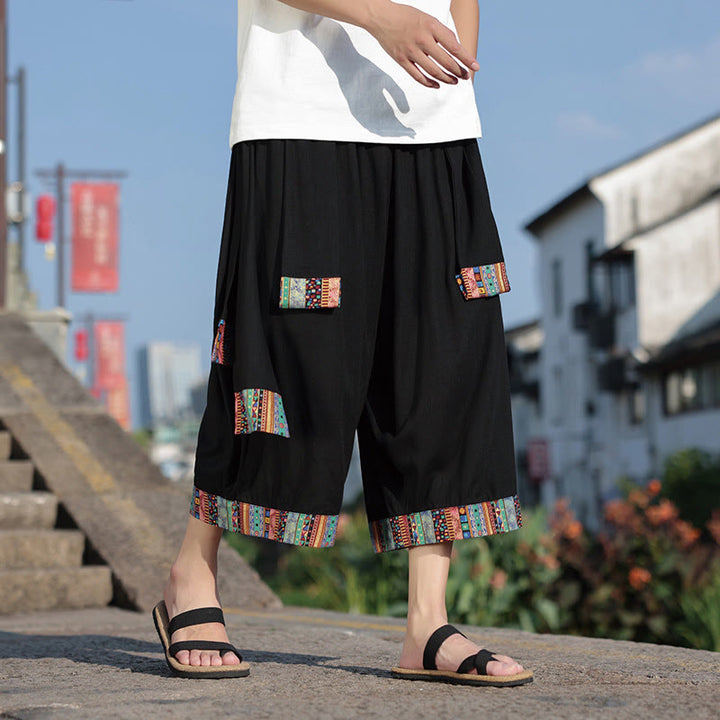 Pantalones de algodón de pierna ancha para hombre, Buddha Stones, de verano, con bolsillos, de longitud 7-8