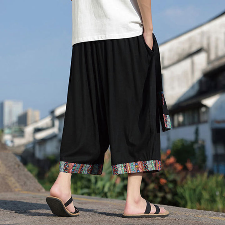 Pantalones de algodón de pierna ancha para hombre, Buddha Stones, de verano, con bolsillos, de longitud 7-8