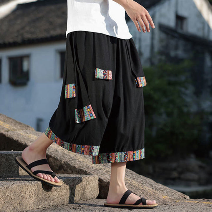 Pantalones de algodón de pierna ancha para hombre, Buddha Stones, de verano, con bolsillos, de longitud 7-8