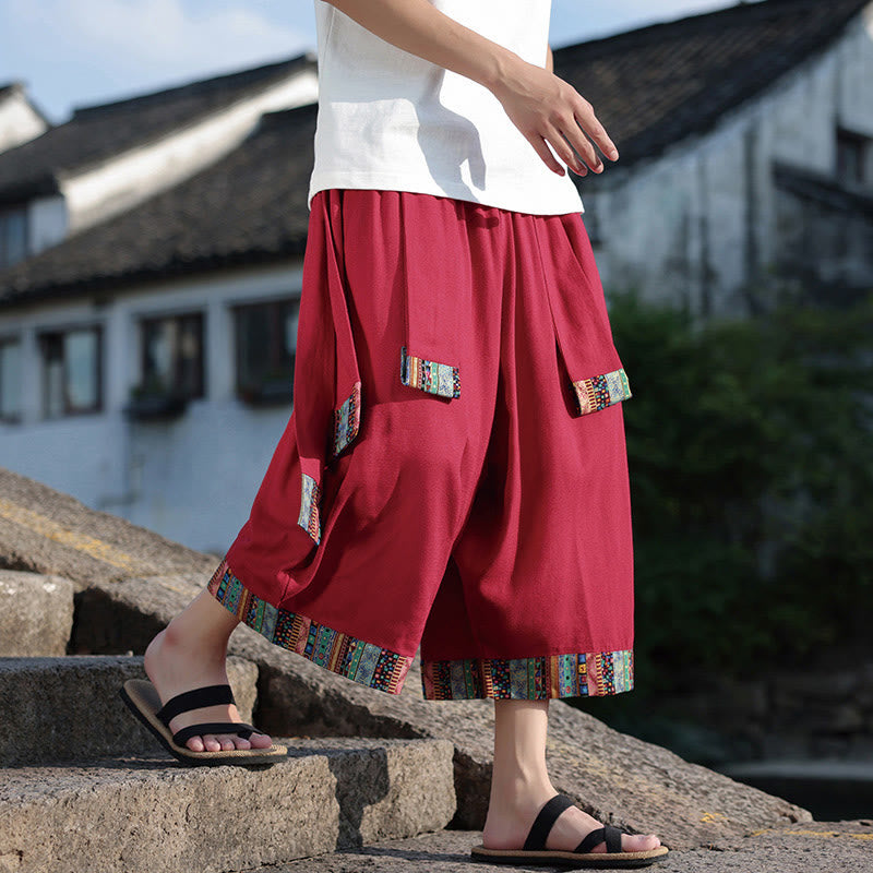 Pantalones de algodón de pierna ancha para hombre, Buddha Stones, de verano, con bolsillos, de longitud 7-8