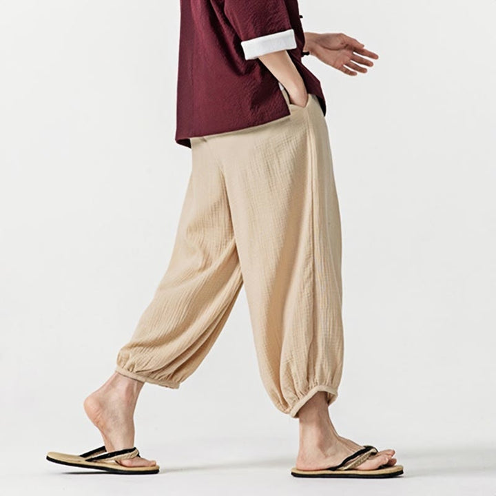 Pantalones de algodón con cordón ajustable de color liso y suave con Buddha Stones para hombre con bolsillos - image 3
