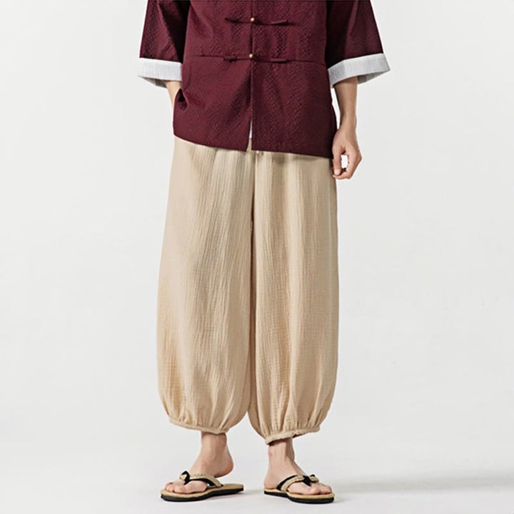 Pantalones de algodón con cordón ajustable de color liso y suave con Buddha Stones para hombre con bolsillos - image 7