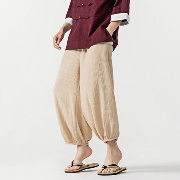 Pantalones de algodón con cordón ajustable de color liso y suave con Buddha Stones para hombre con bolsillos - image 1